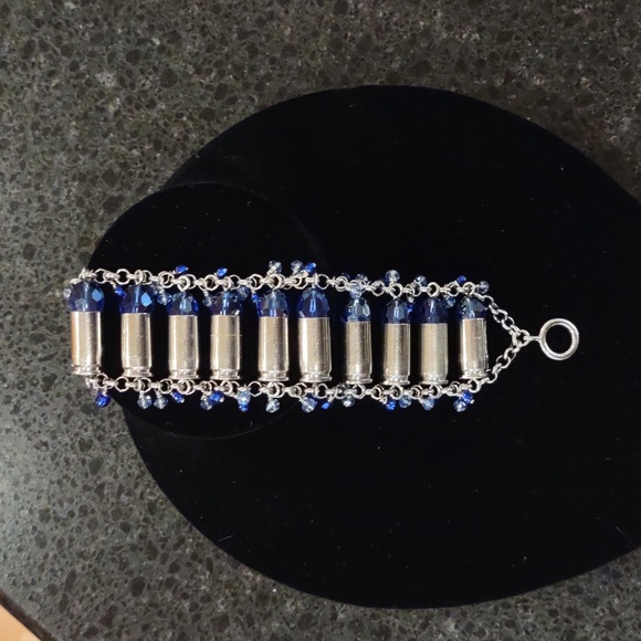 Handmade Bullet Shell Casing Bracelet With Blue Swarovski Crystals - Picture 15 of 15
